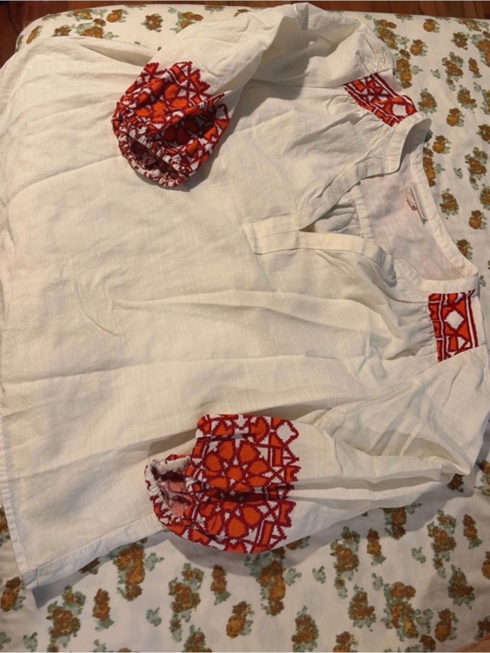 Knox Rose White Peasant Top with Red and Orange Embroidery